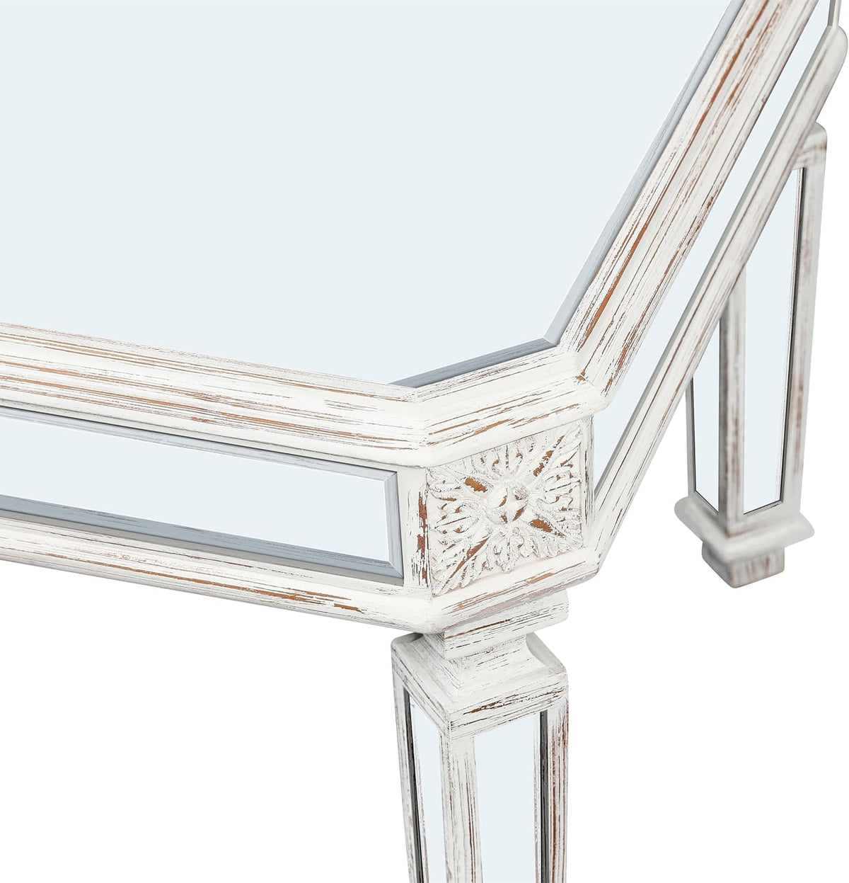 Modern Mirrored Coffee Table for Living Room Luxury Cocktail Center Table with Silver Mirror Finish Rectangular Small Coffee Table with Vintage Natural Carved Frame and Legs