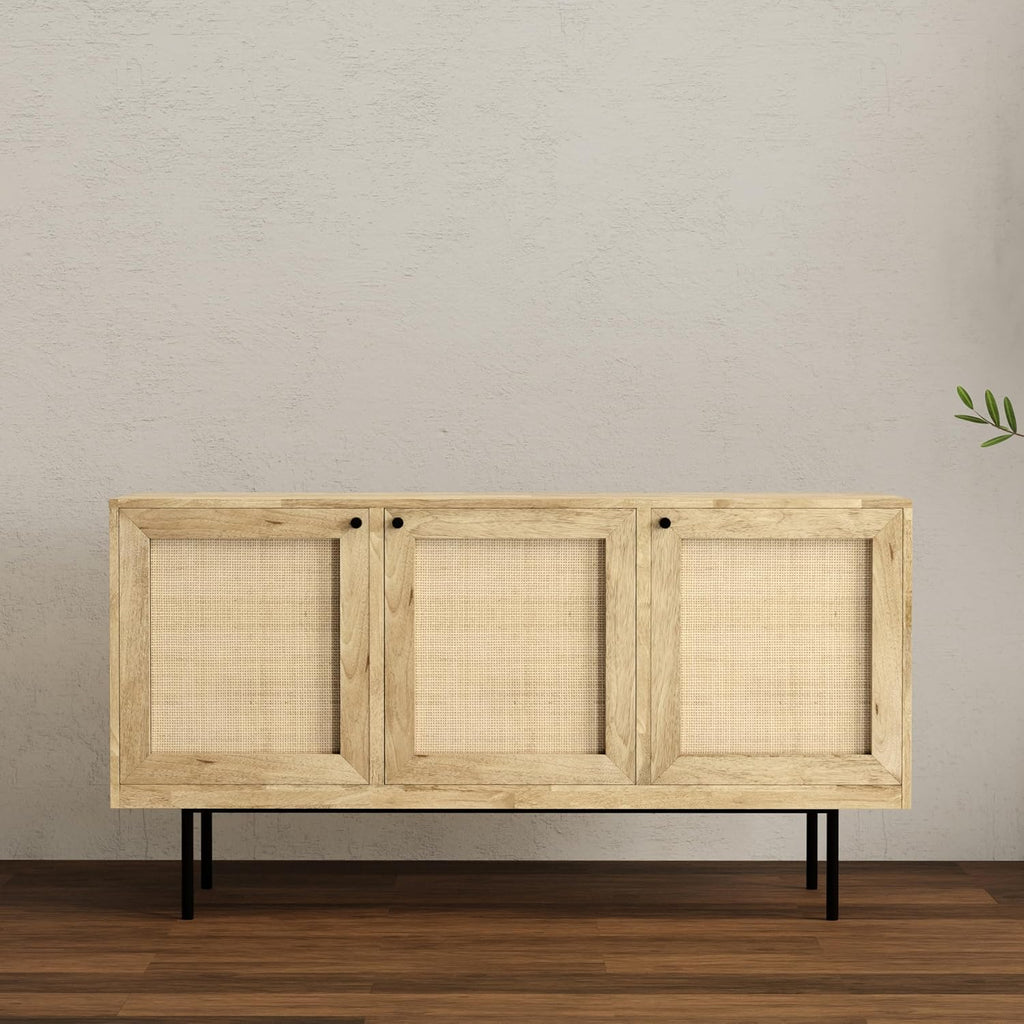 SIMPLIHOME Reeves 57 inch x 18 inch Rectangle Contemporary Modern Sideboard Buffet in Natural for The Dining Room and Kitchen