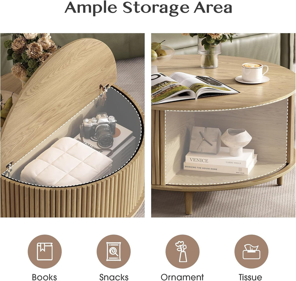 Jiansu furni Round Coffee Table with Storage, 31.5' Natural Oak Drum Table for Small Space, Fluted Wood Center Table with Hidden Compartment, Modern Farmhouse Furniture for Living Room Organization