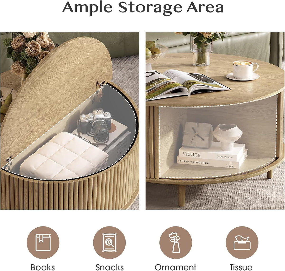 Jiansu furni Round Coffee Table with Storage, 31.5' Natural Oak Drum Table for Small Space, Fluted Wood Center Table with Hidden Compartment, Modern Farmhouse Furniture for Living Room Organization