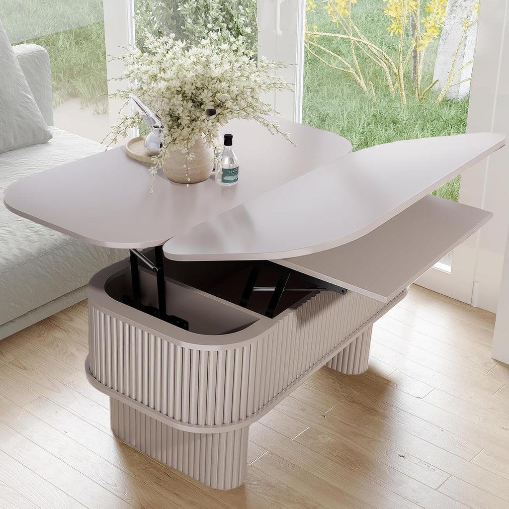 Lifting Coffee Table for Living Room，26-Inch Lift that Converts to Dining Table，3 in 1 Pull Out Coffee Table with Storage，Oval Wood Center Table, Space-Saving for Eating & Laptops