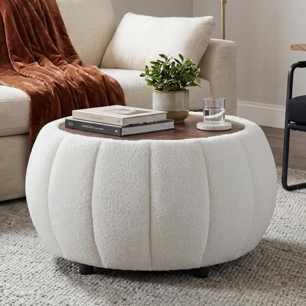 Ottoman Coffee Table for Living Room, Wooden Top Large Storage Ottoman, 30 Inches Round Coffee Table, Pumpkin Shaped Side Table, Multifunctional Teddy Fabric Footstool (White)