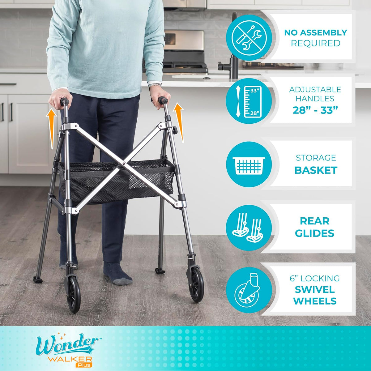 Stander Wonder Walker Plus Short, Lightweight Junior Folding Mobility Aid for Petite Adults, Seniors, and Elderly, Collapsible Travel EZ Fold-N-Go with Wheels, Glides & Basket, Matte Black