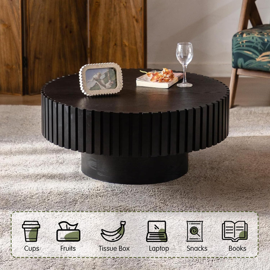 Round Drum Coffee Table 31.5'' Handcraft Fluted Coffee Table Modern Unique Circle Accent Center Table for Living Room with Sturdy Pedestal Gear Easy Assembly for Small Space,31' Round Black