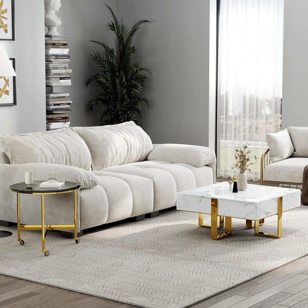 BQueen White Faux Marble Coffee Table with Polished Gold Base for Living Room Apartment Office