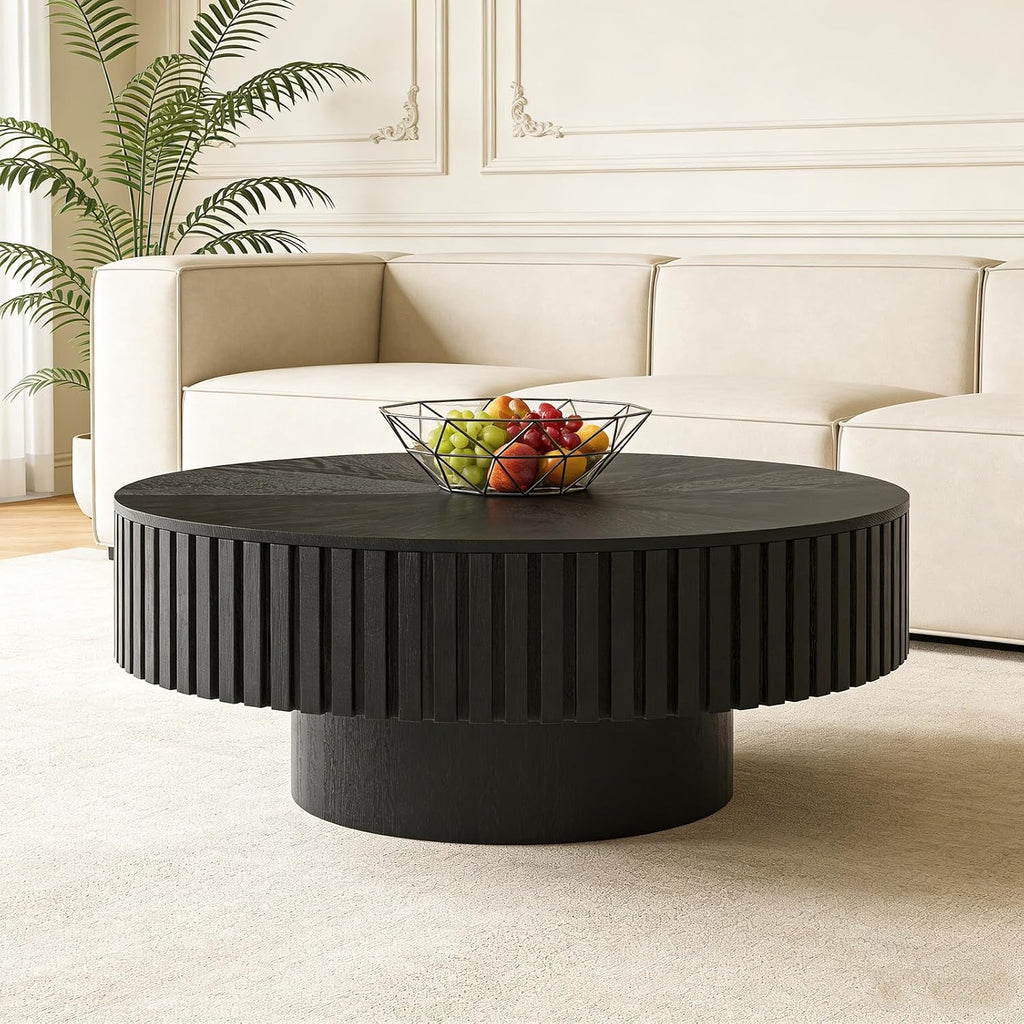 Fluted Round Coffee Table, Modern Wooden Coffee Table with Sturdy Base, Veneer Handcrafted Relief Circle Accent Center Tables for Living Room Apartment Small Space (HS)