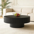 Fluted Round Coffee Table, Modern Wooden Coffee Table with Sturdy Base, Veneer Handcrafted Relief Circle Accent Center Tables for Living Room Apartment Small Space (HS)