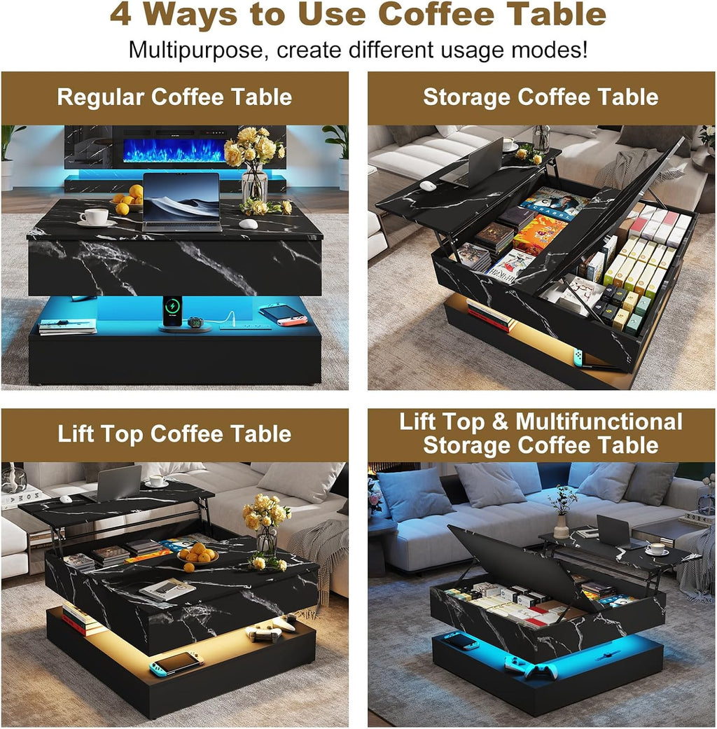 35.4' Large Square Coffee Table with Lifting top,Charging Station,Modern 2-Tier Square Center Table w/Hidden Compartment Storage,Tea Table with Wood Grain for Living Room, Office,Black Marble