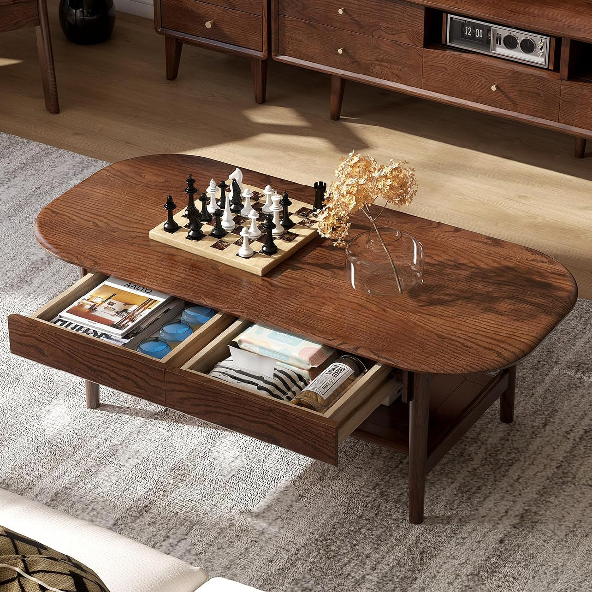 100% Solid Oak Wood Coffee Table for Living Room, 2-Tier Mid-Century Modern Table with 2 Drawers & Open Shelf, Living Room Table with Rounded Corner for Home (Oak Walnut Finish, 47.24'' W)