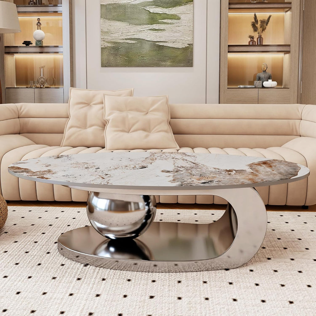 Marble Texture Coffee Table for Living Room,Modern Oval Coffee Table with Silver Stainless Steel Base for Office
