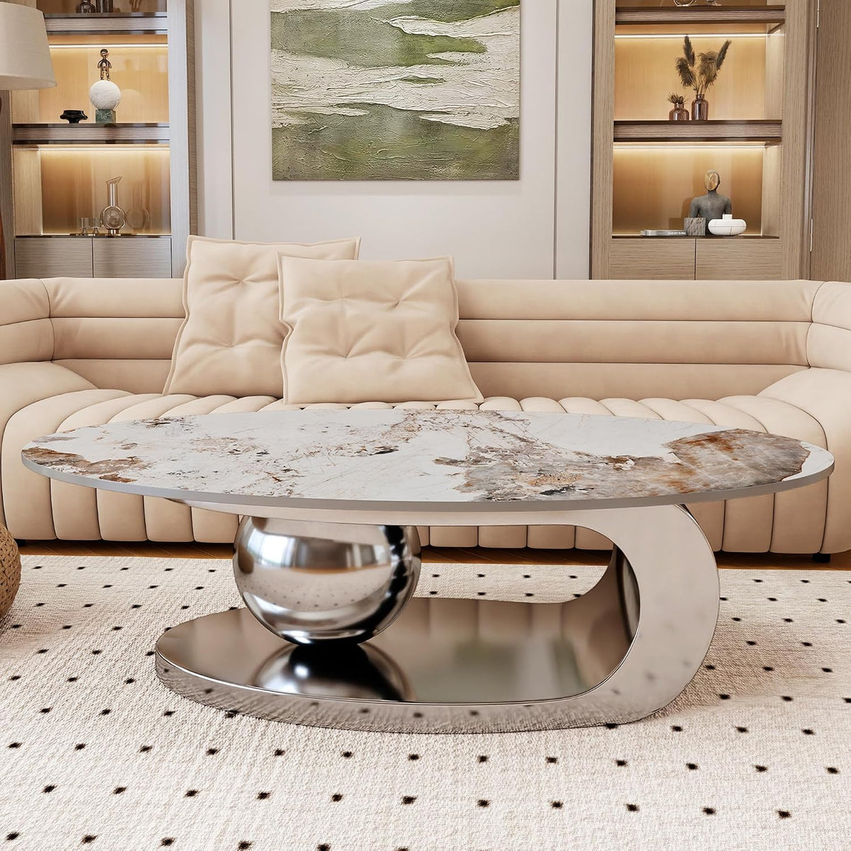 Marble Texture Coffee Table for Living Room,Modern Oval Coffee Table with Silver Stainless Steel Base for Office