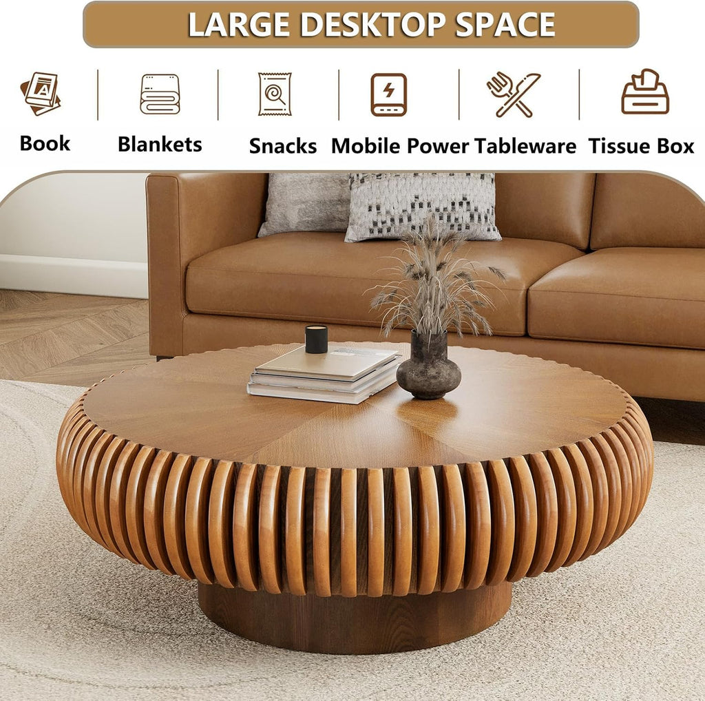 Round Handcraft Fluted Coffee Table with Sturdy Stable Pedestal Modern Luxury Drum Center Table Circle Accent Base Center Tables for Living Room Apartment (P)