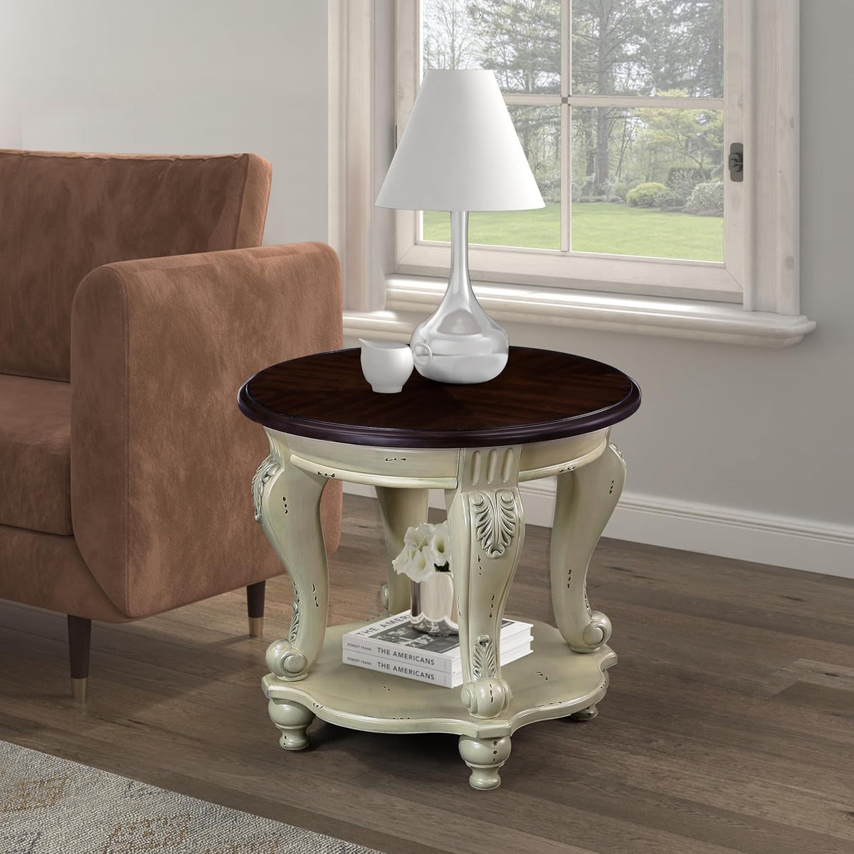 Round Wood End Table with Shelf for Living Room Small Accent Side Table 2-Tier Small Nightstand Easy Assemble, Beige + Espresso