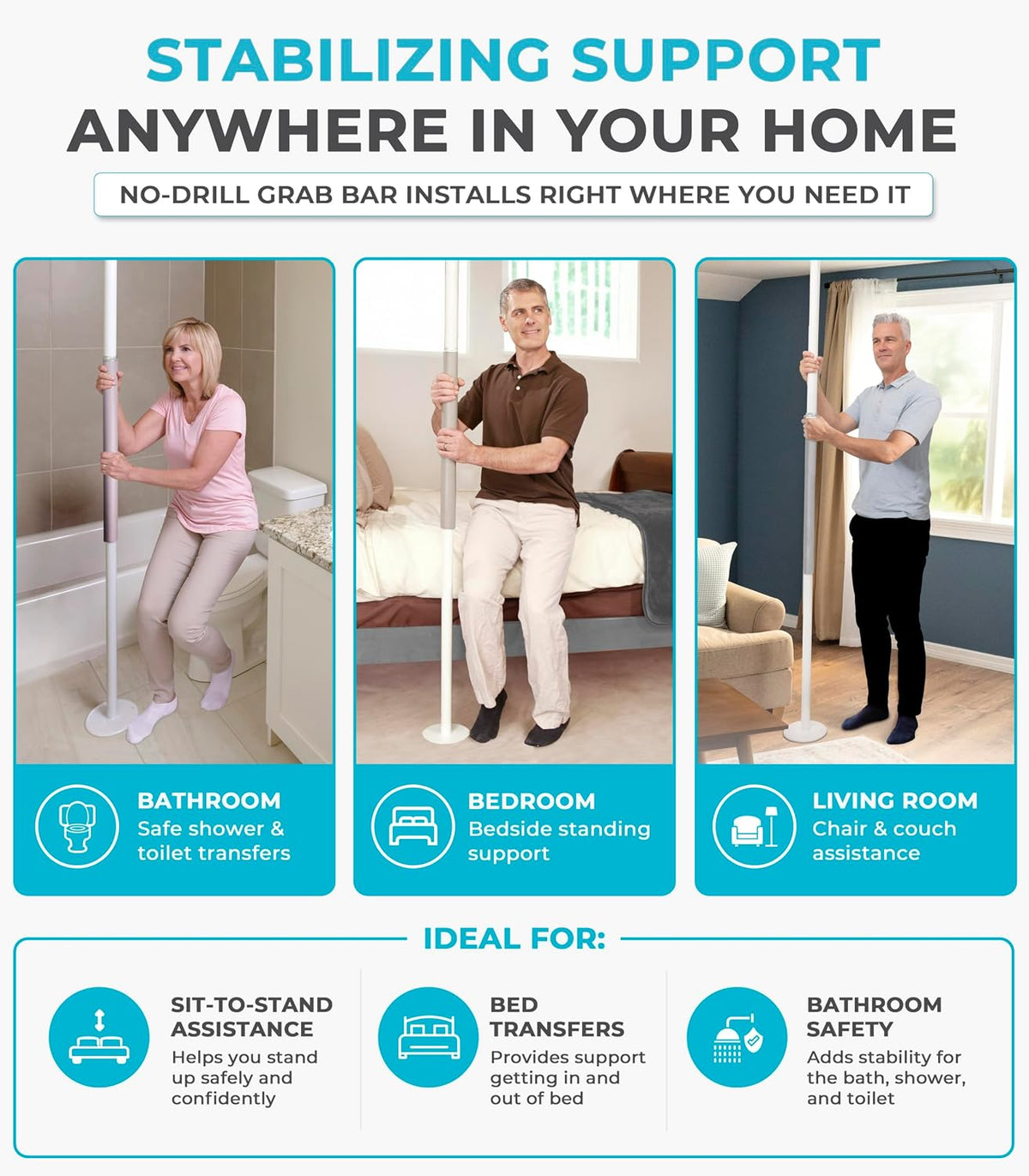 Stander Wonder Pole Slim, Tension Mounted Security-Pole, Elderly Floor to Ceiling Transfer-Pole for Seniors, Bathroom Grab Bar Stability Rail with Padded Handle, White