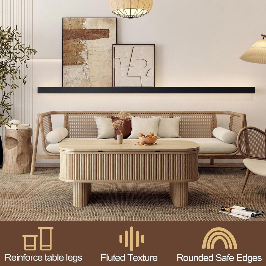 Lift Top Coffee Table with Large Storage,Lifting Converts to Dining Table,Oval Pop Up Coffee Table Fluted Wood Center Table for Living Room,Fully Assembled Space-Saving for Eating&Laptops