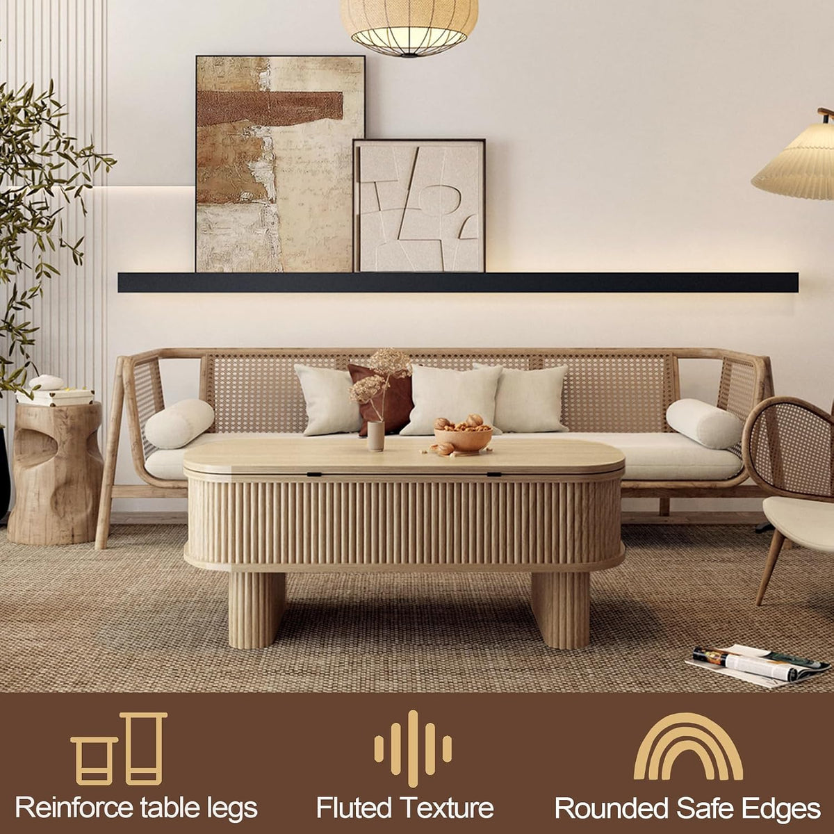 Lift Top Coffee Table with Large Storage,Lifting Converts to Dining Table,Oval Pop Up Coffee Table Fluted Wood Center Table for Living Room,Fully Assembled Space-Saving for Eating&Laptops