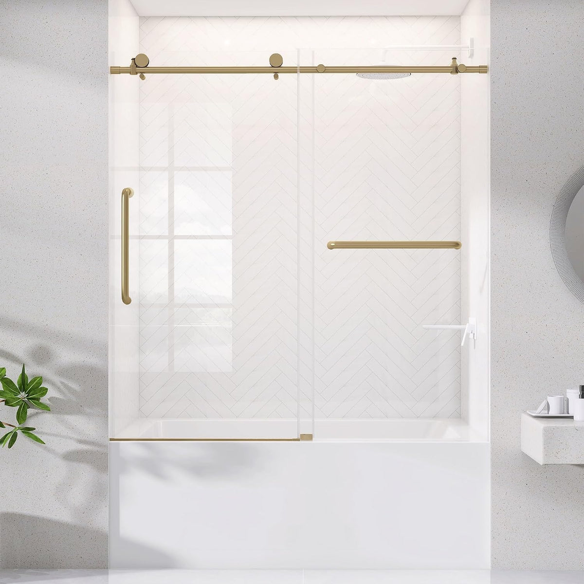Sliding Tub Shower Door 56-60 in. W x 60 in. H Frameless Bypass Bathtub Shower Doors 1/4 inch Clear Tempered Glass Tub Door for Walk-in Shower Brushed Gold Harewares