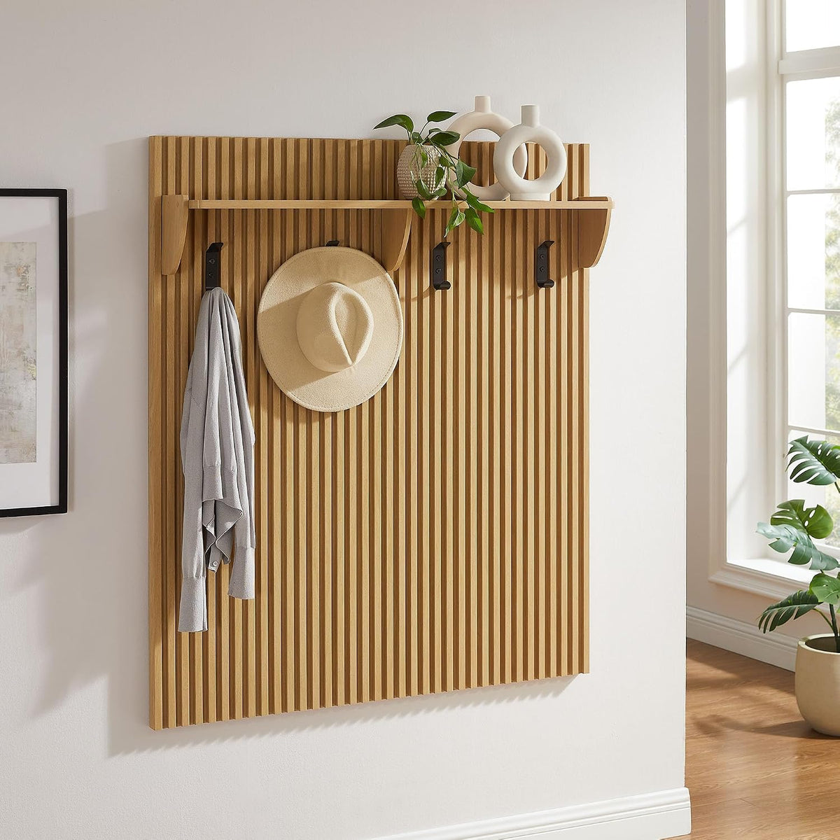 Modway Render Modern Fluted Wood Coat Rack Panel in Light Oak with Shelf and Hooks – Wall-Mounted Entryway Organizer for Hallway, Mudroom, or Foyer