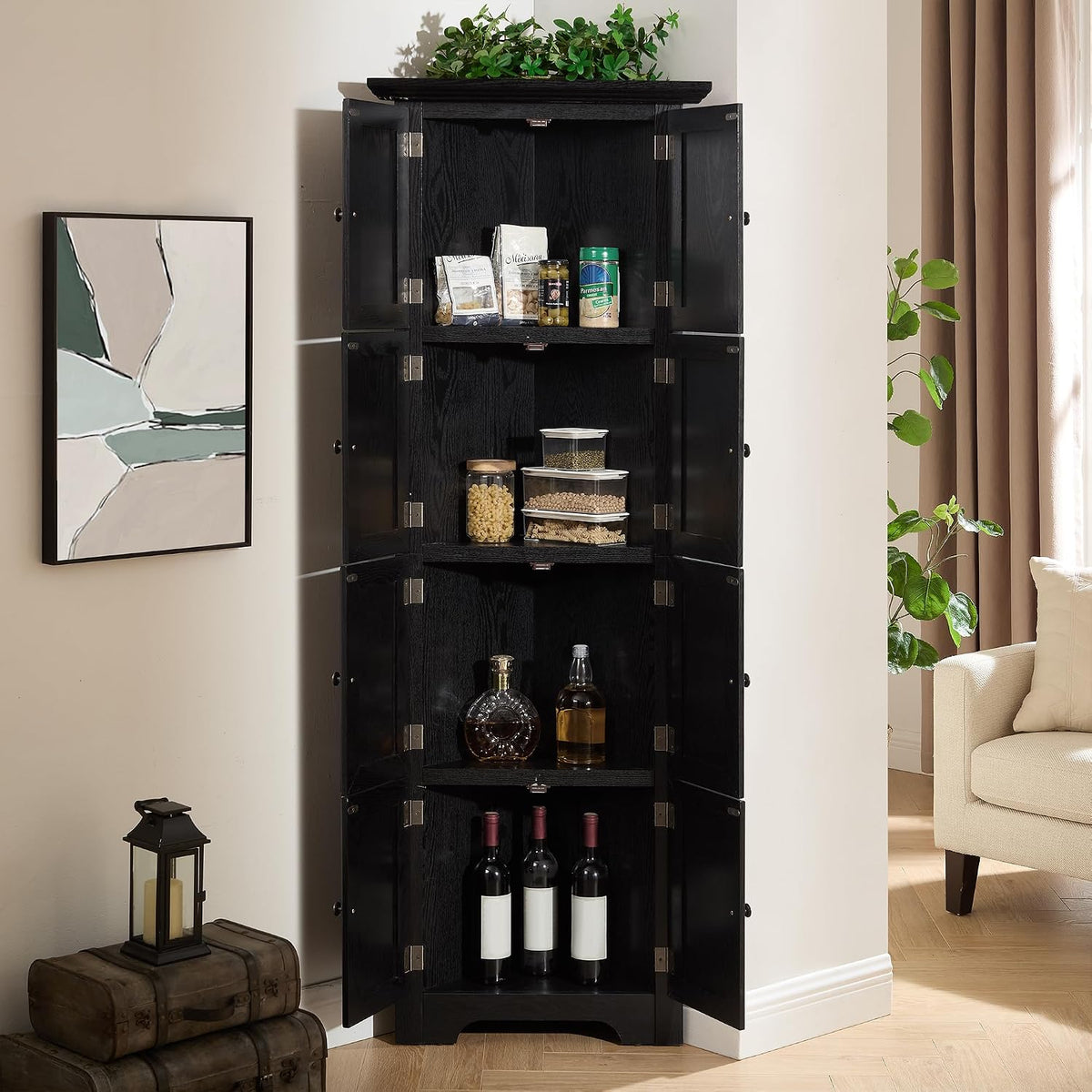 72' H Farmhouse Corner Storage Cabinet with 8 Doors & 4 Shelves, 4 Tier Kitchen Corner Pantry Cabinet Wooden Organizer Case Bookshelf, Home Space Saver Cabinet for Kitchen,Living Room(Black)