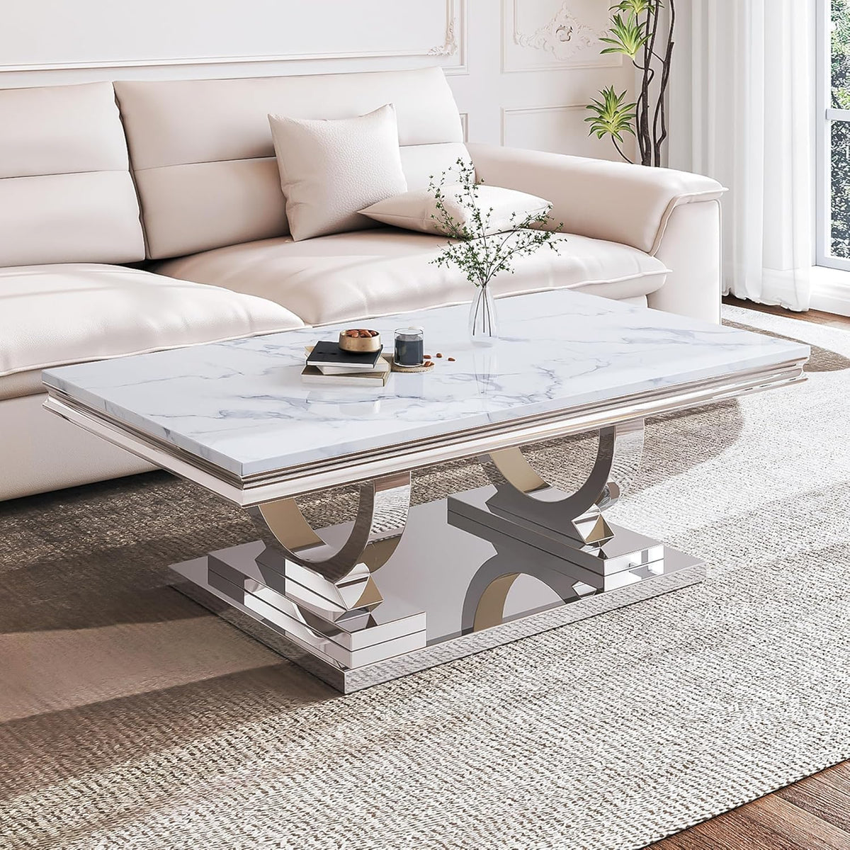 Marble Coffee Table Set of 3, Includes 1 Coffee Table with 2 Square End Side Tables, Luxury 3 Piece Living Room Table Set with White Faux Marble Tabletop & Silver Stainless Steel Base