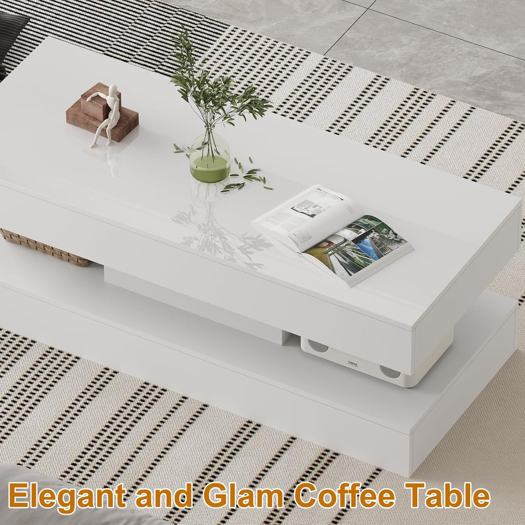 47.2 Inch Coffee Table with LED Lights, Modern High-Gloss Open Shelf Design, 2-Tier Floating Center Table with Illumination, Large LED Coffee Table for Living Room (Pur White)