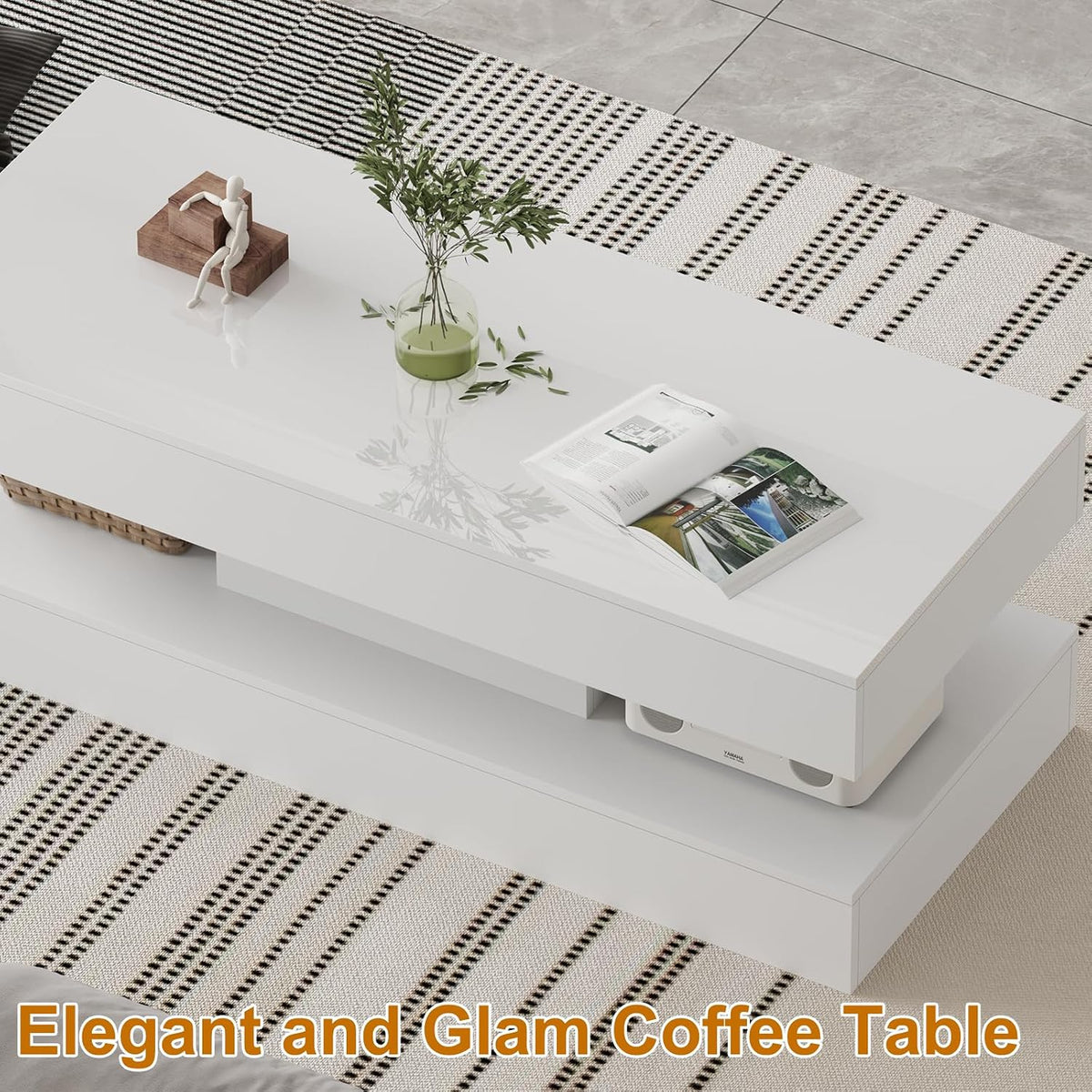 47.2 Inch Coffee Table with LED Lights, Modern High-Gloss Open Shelf Design, 2-Tier Floating Center Table with Illumination, Large LED Coffee Table for Living Room (Pur White)