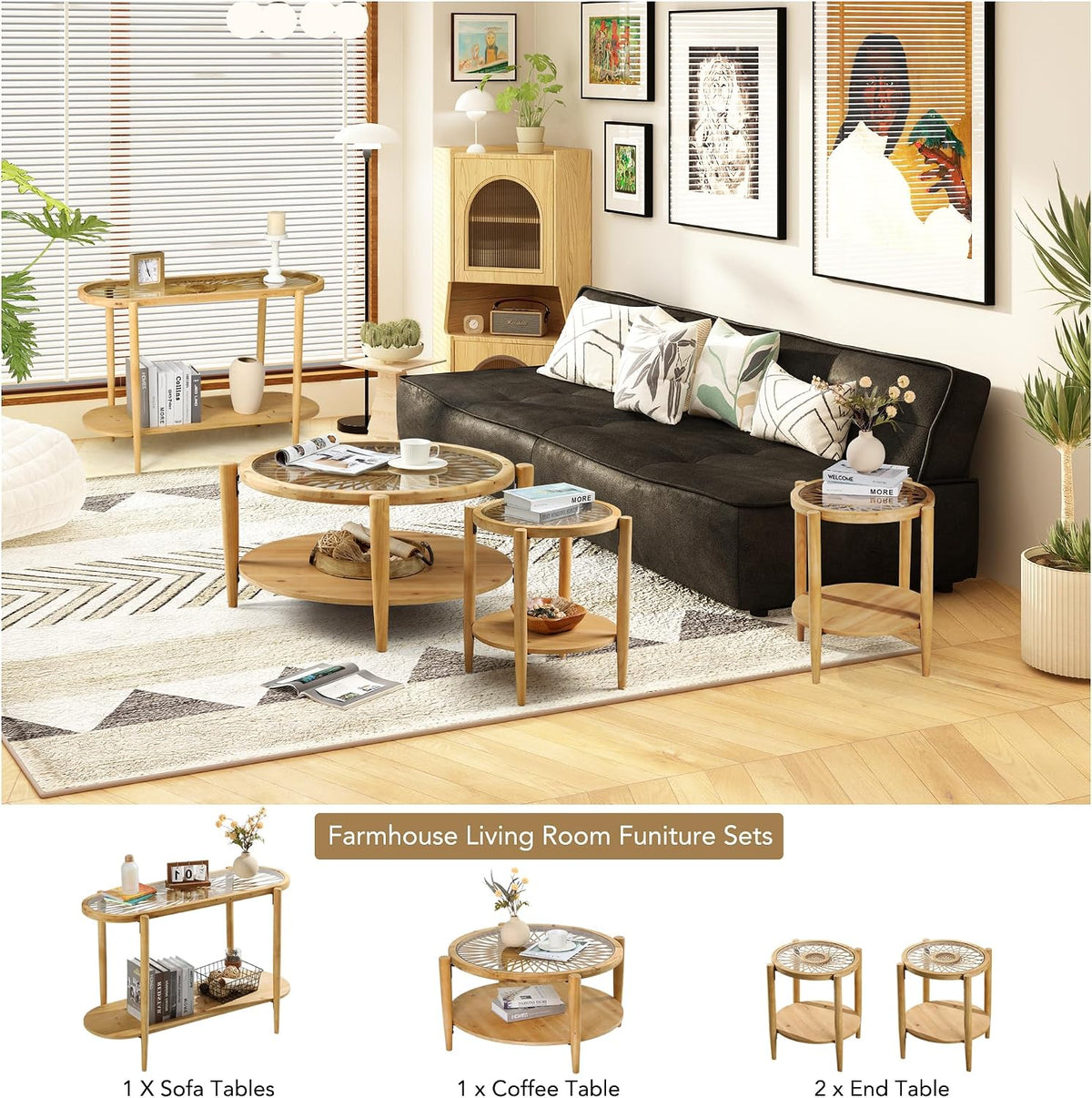 RUSTOWN Rattan Coffee Table Set, 4 Pieces Rattan Living Room Table Set Includes Console Table, Round Coffee Table & 2 End Tables, Boho Farmhouse Set for Living Room, Bedroom, Home Office, Natural