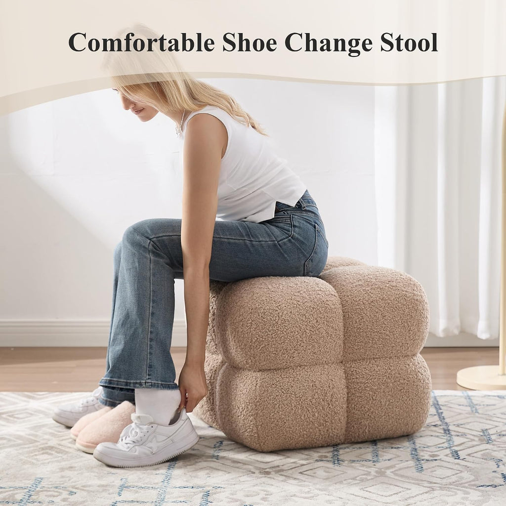Square Ottoman Stool, Boucle Ottoman Coffee Table with with Full Coverage, Modern Vanity Stool, Upholstered Tufted Foot Rest Pouf for Bedroom, Living Room, Entryway, Tan