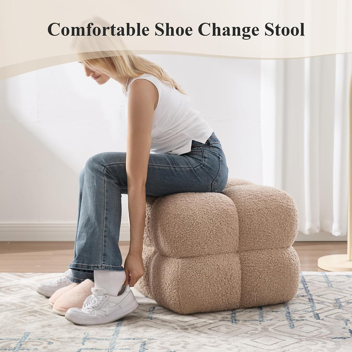 Square Ottoman Stool, Boucle Ottoman Coffee Table with with Full Coverage, Modern Vanity Stool, Upholstered Tufted Foot Rest Pouf for Bedroom, Living Room, Entryway, Tan