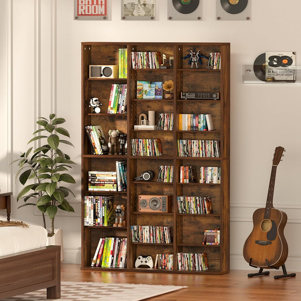 LELELINKY 8 Tier Tall Display Cabinet, Brown Media Storage Cabinet with Adjustable Shelves, Free Standing DVD Organizer Shelf, Floor Multimedia Storage Manga Bookshelf for Living Room & Home Office.