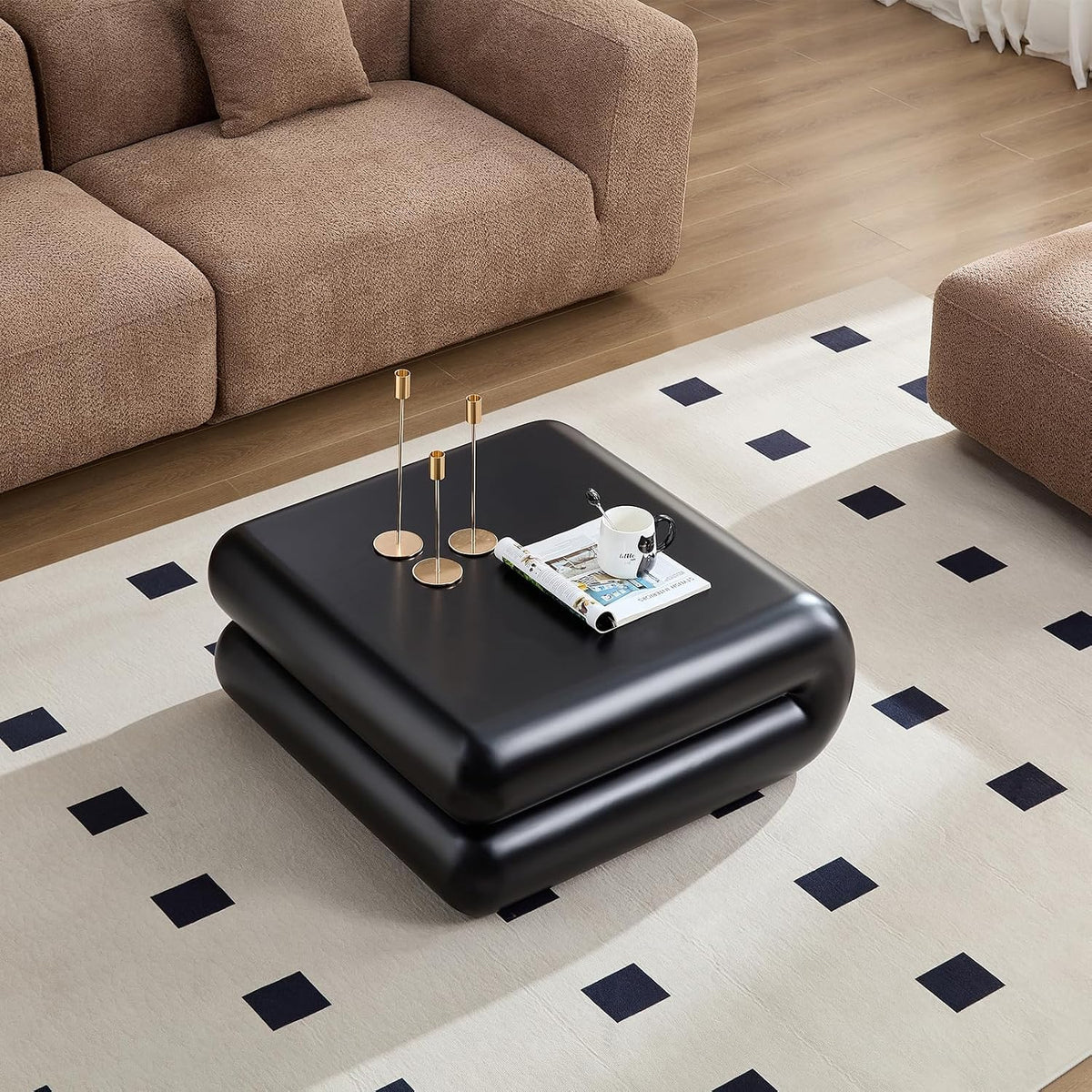 31.5' Modern Black Coffee Table, Stone Coffee Table, Square Minimalist Center Table, Contemporary Low Sofa Side Accent End Tea Table for Living Room Bedroom Apartment, No Assembly Required