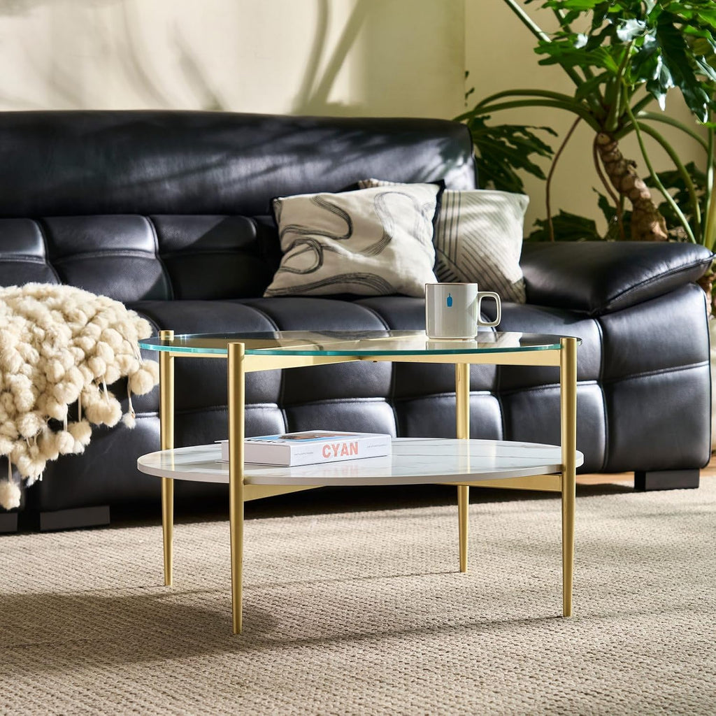 AGV LIGHTING 30' Round Glass Coffee Table,Mid-Century Modern Coffee Table for Living Room, Glod Finish Leg,2-Tier,Tempered Glass Top with White Marble MDF Shelf