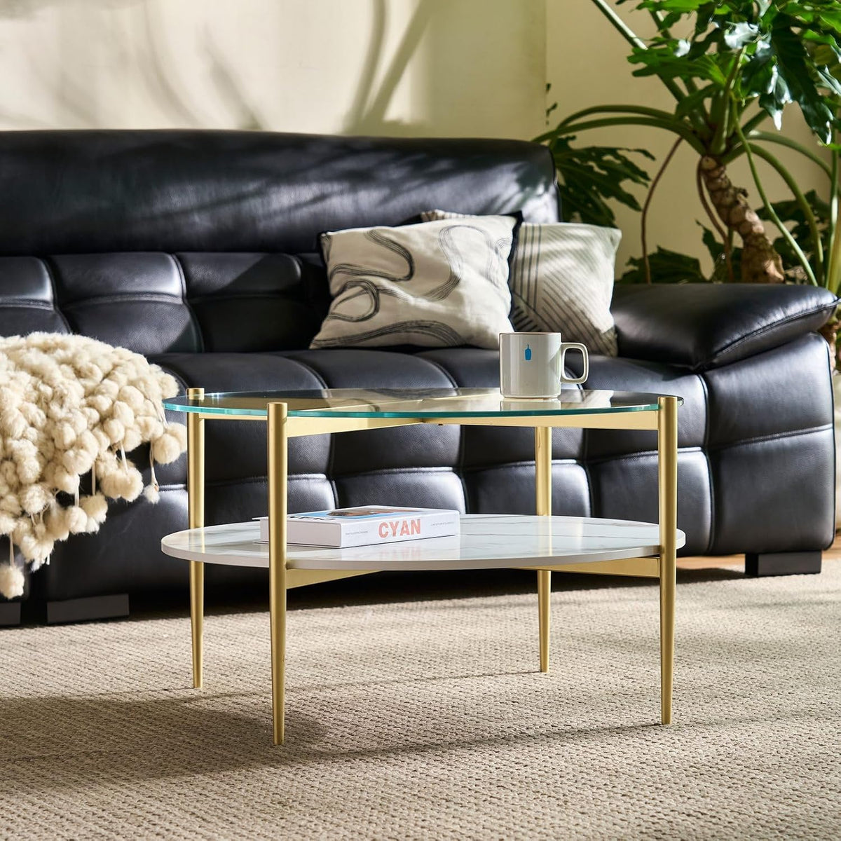 AGV LIGHTING 30' Round Glass Coffee Table,Mid-Century Modern Coffee Table for Living Room, Glod Finish Leg,2-Tier,Tempered Glass Top with White Marble MDF Shelf