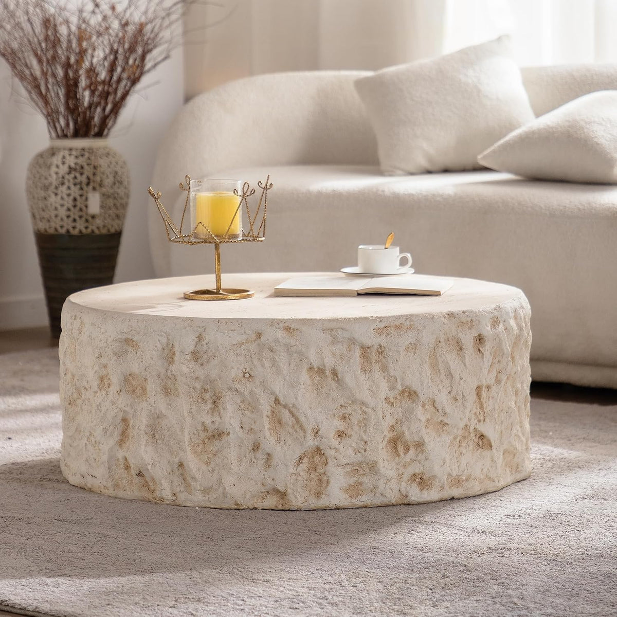 Round Coffee Table for Living Room Outdoor Faux Stone Coffee Table Amber Travertine Concrete Pattern, 31.49' Modern Faux Marble Center Tables Tea Tables, No Need Assemble, Beige