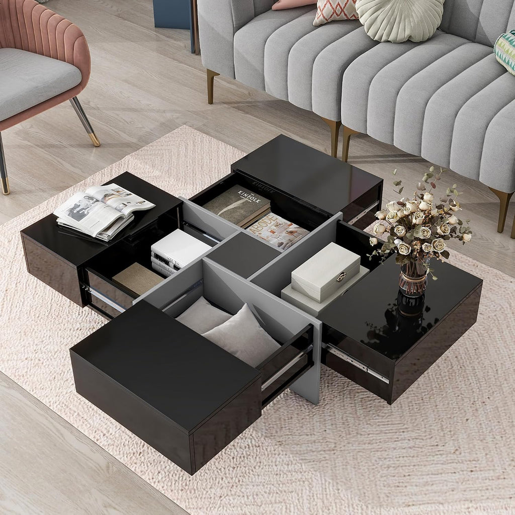 31.5' Black Square Coffee Table with 4 Hidden Storage Compartments, UV High-Gloss Design Wooden Center Table Cocktail Table for Living Room
