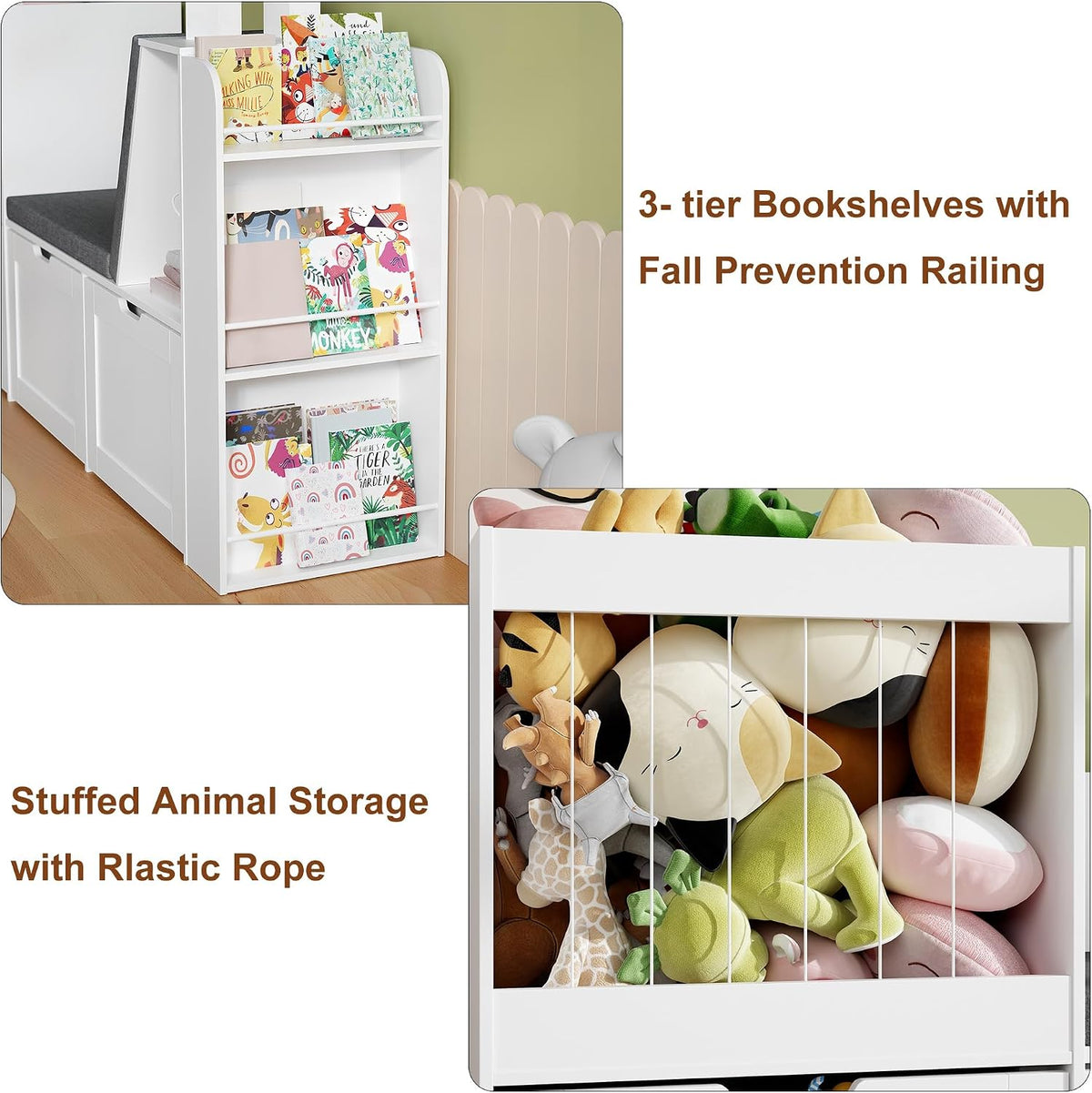 66.9' Kids Reading Nook, Toy Storage Organizer with Stuffed Animal Storage, Bench and Removable Cushions, Wooden Toddler Bookshelf with 3 Movable Drawers for Nursery, Playroom (White)