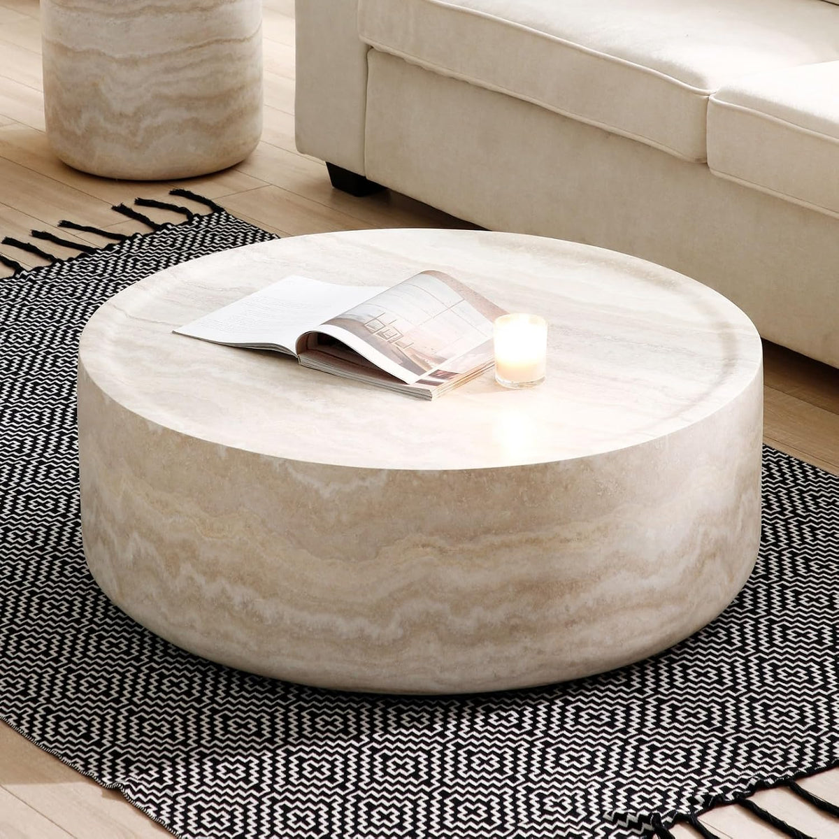 35.43' Faux Mars Pattern Round Coffee Table, Faux Travertine Textured Fiberglass Coffee Table for Living Room, No Assembly Required