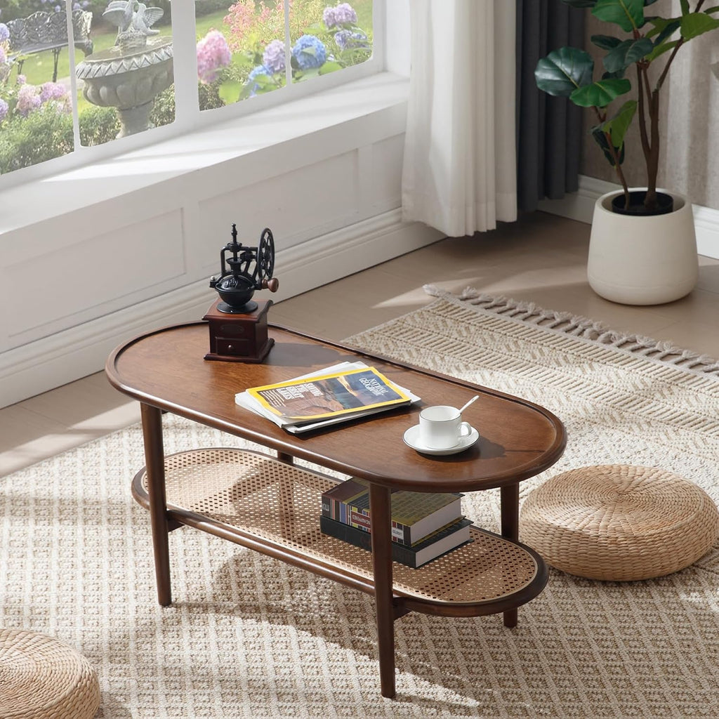 Rattan Wood Mid Century Modern Coffee Table, 39.5' Oval Coffee Table with Cane Wicker Storage Shelf for Living Room, Indoor, Home Décor, Walnut
