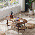 Rattan Wood Mid Century Modern Coffee Table, 39.5' Oval Coffee Table with Cane Wicker Storage Shelf for Living Room, Indoor, Home Décor, Walnut