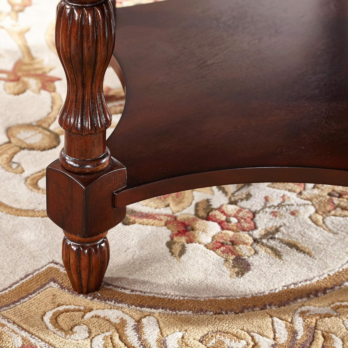 Solid Wood Oval Coffee Table with Tempered Glass Top, Vintage Carved Edge Center Table, 45' x 18', Cherry Walnut Finish for Living Room