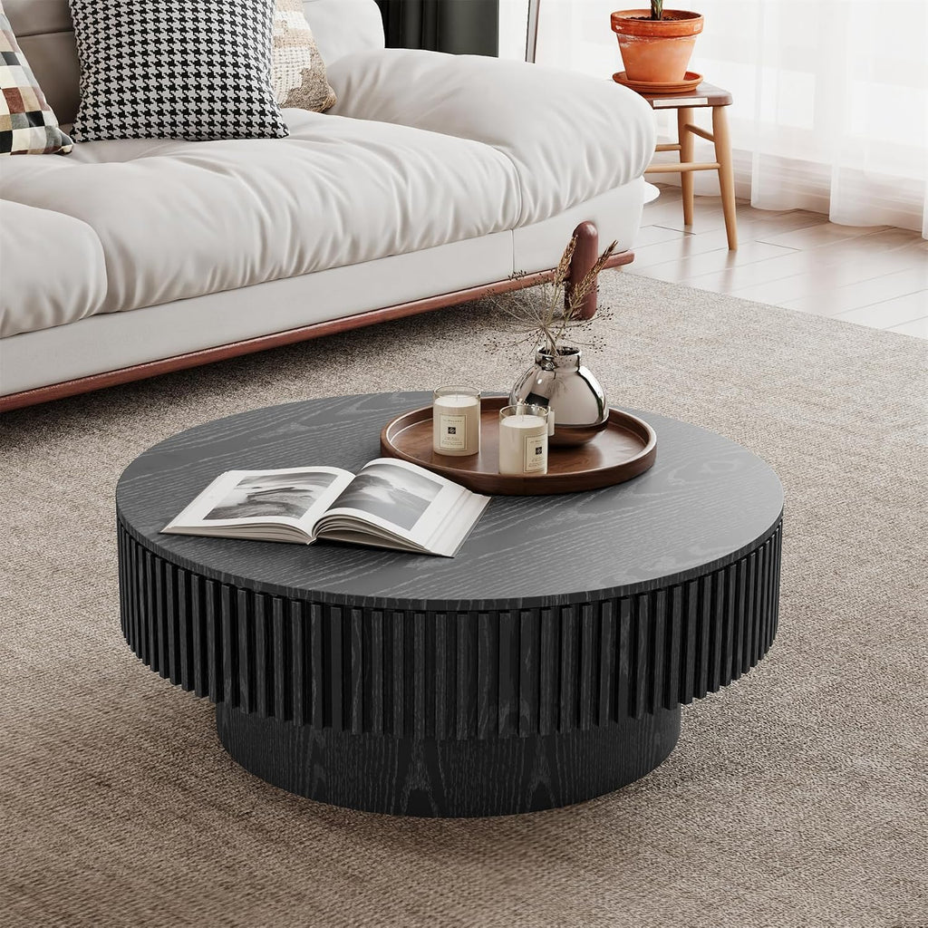 31.5' Round Wood Coffee Table, Modern Coffee Table with Storage,Solid Wood Drum Coffee Table Circle Fluted Coffee Table Accent Side Table for Apartment,Office, Easy Assembly,Black