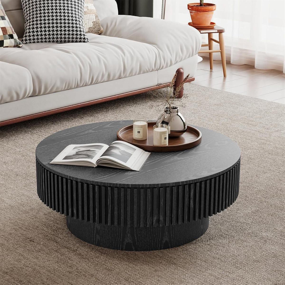 31.5' Round Wood Coffee Table, Modern Coffee Table with Storage,Solid Wood Drum Coffee Table Circle Fluted Coffee Table Accent Side Table for Apartment,Office, Easy Assembly,Black