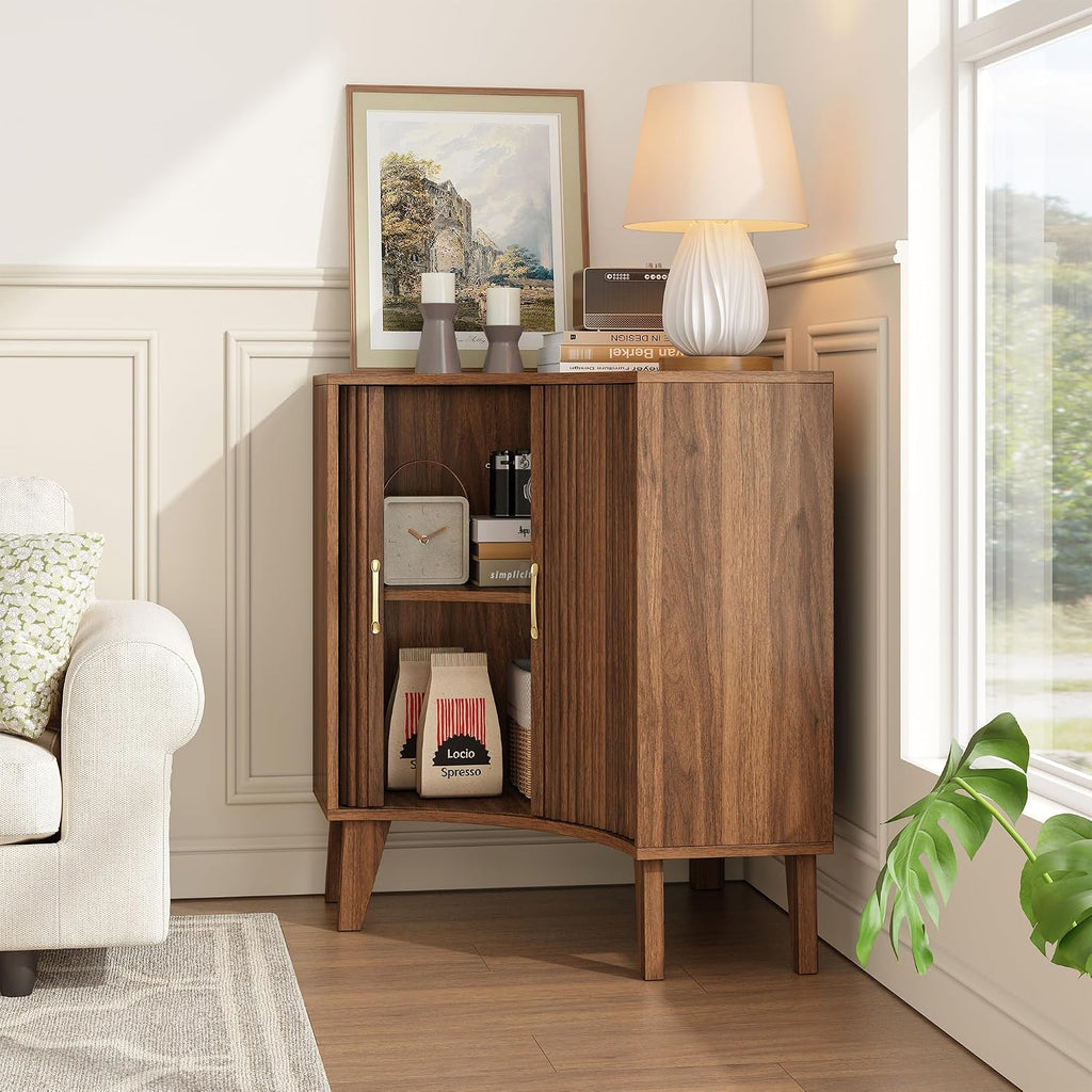 Fluted Corner Cabinet, Small Corner Floor Cabinet with 2-Sliding Doors and Adjustable Shelves, Freestanding Narrow Organizer for Small Space,Living Room, Dining RoomBathroom.Walnut