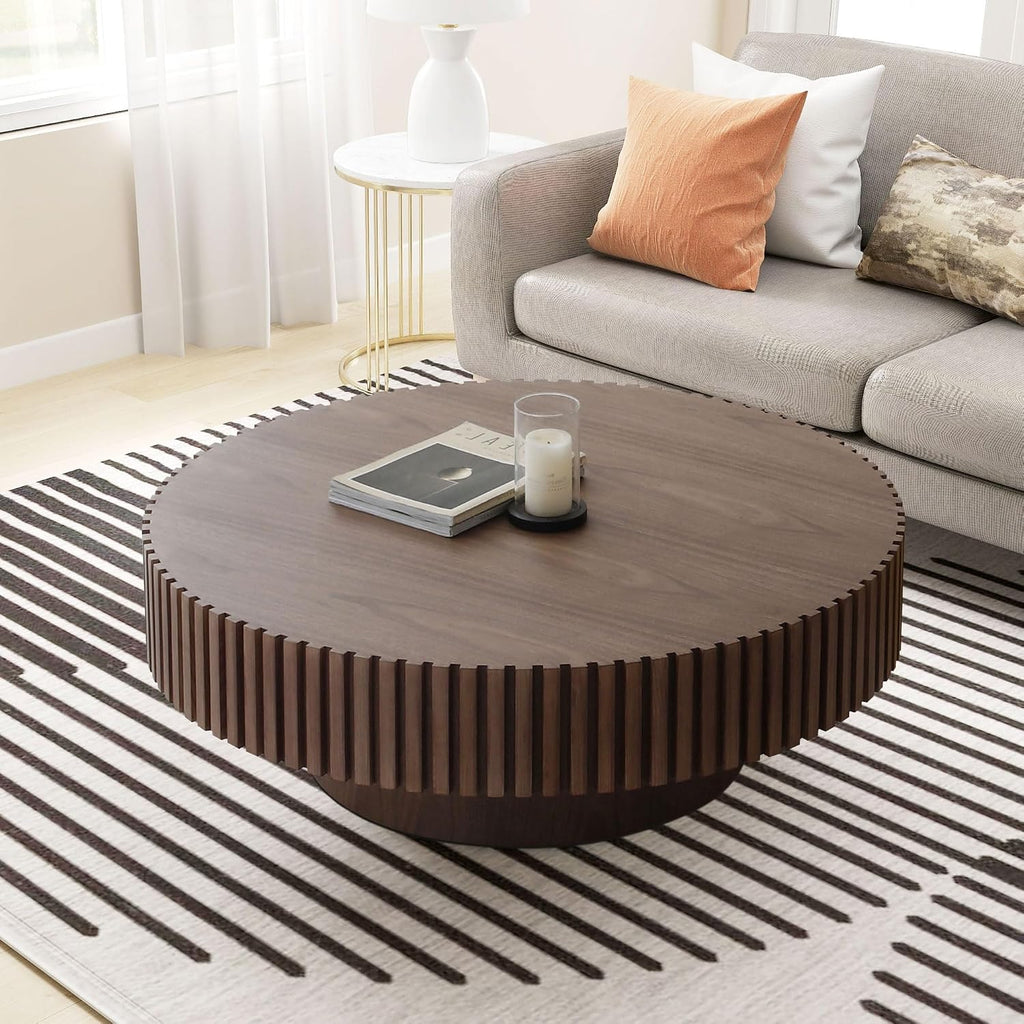 JUSTONE 35.43' Round Coffee Table, Farmhouse Wood Coffee Table for Living Room,Circle Drum Coffee Table with Handcrafted Relief for Apartment,ø35.43'' x 13.77''H (Walnut)