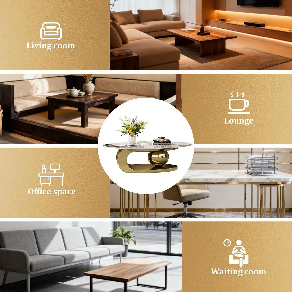 49.2' Oval Stone Coffee Table, Modern Center Tables with Sturdy Metal Base, Faux Marble Coffee Table with Pandora Textured Stone Tabletop, Tables for Living Room, Office, Gold