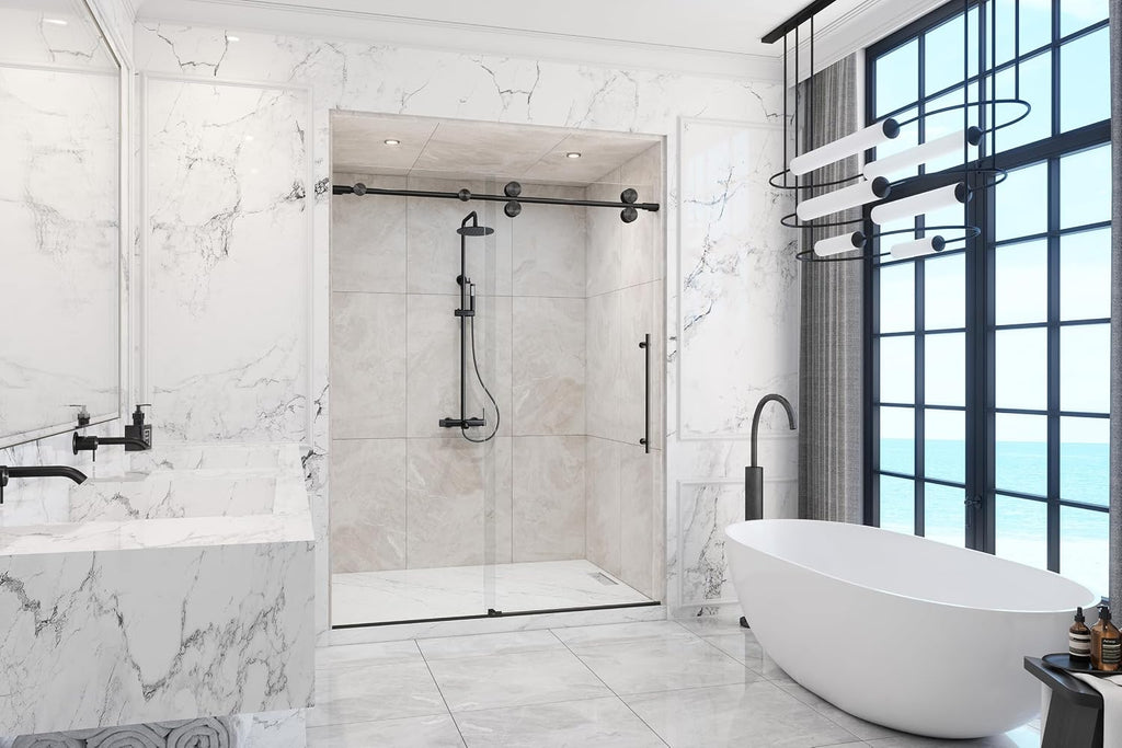 Montage 57.25-59' W x 78' H Euroglide Frameless Shower Door with 3/8' Clear Tempered Glass (Matte Black)
