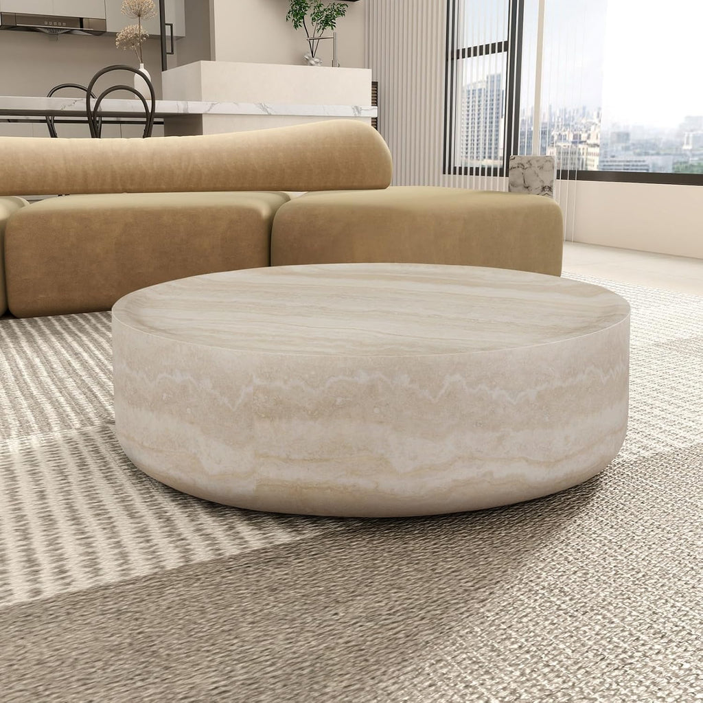 35.43' Faux Mars Pattern Round Coffee Table, Faux Travertine Textured Fiberglass Coffee Table for Living Room, No Assembly Required