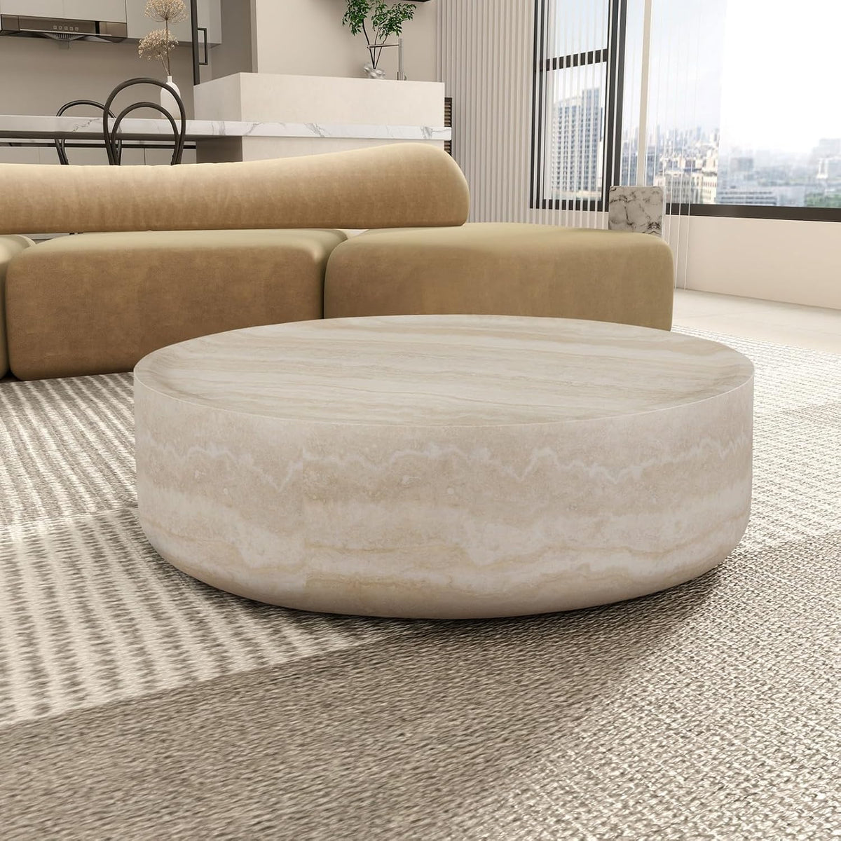 35.43' Faux Mars Pattern Round Coffee Table, Faux Travertine Textured Fiberglass Coffee Table for Living Room, No Assembly Required