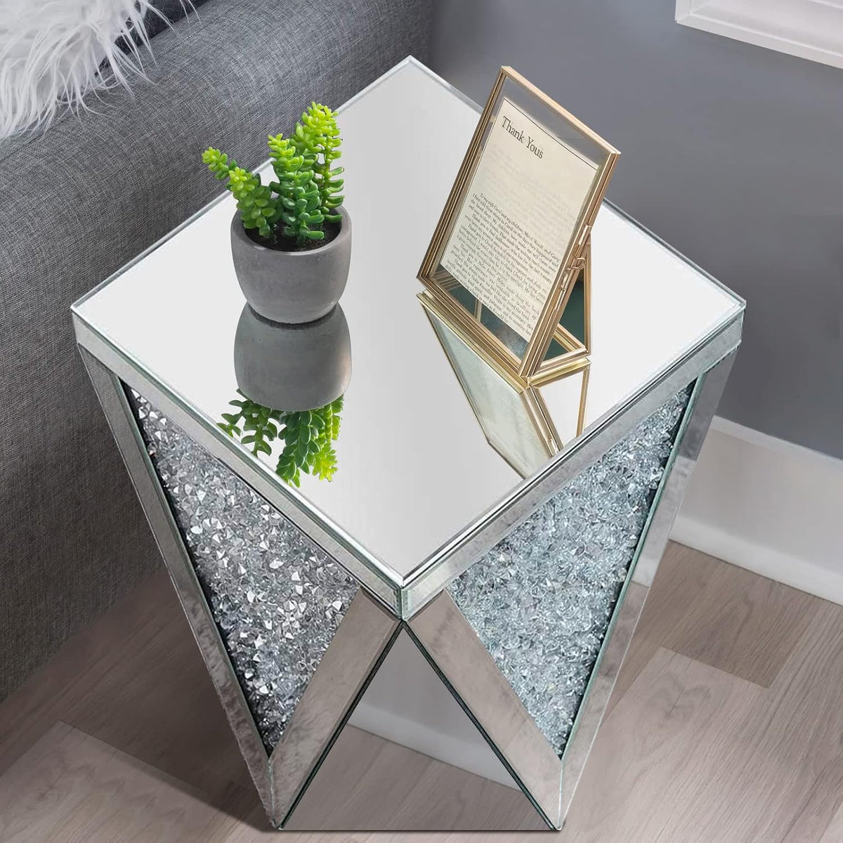 Pregaspor Silver Mirrored End Table, Crystal Inlay Side Table Accent Table, Small Mirrored Coffee Table for Living Room, Bedroom, Corner, 22' H