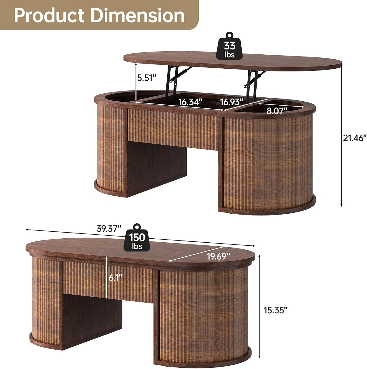 Fluted Lift Top Coffee Table with Storage, Oval Living Room Center Table with Hidden Compartment, Modern Mid-Century Wood Coffee Table for Small Spaces, Home Office, Walnut